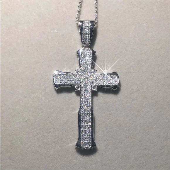 New Luxury 925 Silver Cross Men Women Diamond Necklace - Picture 16 of 16